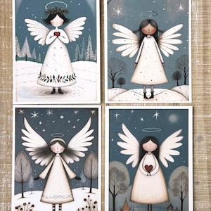 Jeu de 4 cartes de voeux fantaisistes avec des anges de Noël, carte vierge avec enveloppes