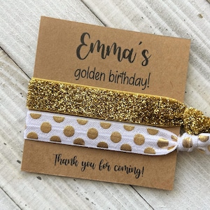 Laços de cabelo de aniversário dourados personalizados, lembrancinhas de festa, laços de cabelo dourados brilhantes, cartão de cabelo para festa, laços de cabelo personalizados