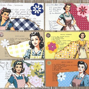 May include: A collection of vintage-style recipe cards featuring illustrations of women in aprons. Each card has a different recipe title, such as "Green Bean Casserole" and "Mexican Cheese Dip", with handwritten instructions and decorative elements.
