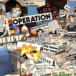May include: A collage of various images and text clippings, including a Garfield cartoon, a film strip, and the word "OPERATION" in bold letters. Other text includes "The Fresh Faced Beauty for Spring" and "Winter Sports Roundup."