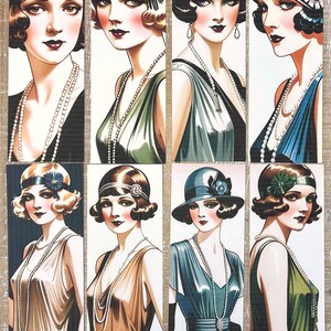 May include: Eight illustrations of women in 1920s flapper style clothing. Each woman is wearing a different outfit and hairstyle, with some wearing hats. The women are all depicted with a similar facial expression, with their eyes looking directly at the viewer.