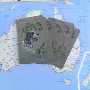 May include: A set of six playing cards featuring a black and white illustration of a dog with green foliage in the background. The cards are on a map of Australia.