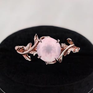Leaf Pink Rose Quartz Ring Rose Gold Engagement Ring Leaf Branch Round Cut Ring Vintage Wedding Promise Solitaire Ring Heal Crystal Ring