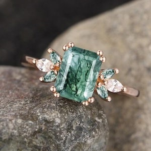 Moss Agate Engagement Ring Unique Emerald Cut Moss Agate Ring 14K Gold Wedding Ring Vintage Cluster Marquise Ring Women Anniversary Ring