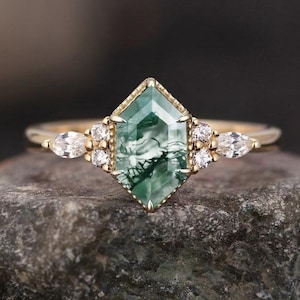 Moss Agate Hexagon Cut Engagement Ring 14K Gold Ring Vintage Wedding Ring Unique Cluster Marquise Ring Promise Ring Anniversary Ring For Her