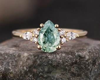Moss Agate Pear Cut Ring 14K Gold Wedding Ring Engagement Ring Stacking Promise Ring Vintage Pear Ring Unique Design Ring Women Bridal Gift