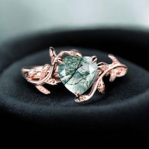 Twig Heart Shaped 14k Rose Gold Moss agate Engagement Ring Leaf Ring Green Agate Ring Promise Ring Vintage Wedding Ring Christmas Gift