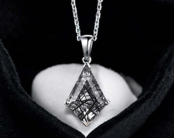 Black Rutilated Quartz Kite Cut Pendant Necklace Silver Necklace Black Stone Necklace Pendant Birthday Gift Women Customized Necklace Gift