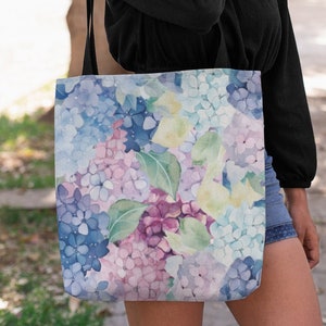 Botanical Print Blue Pink Hydrangea Tote Bag, Flower Tote Shoulder Bag, Floral Print Cute Bag for School Work, Large Grocery Garden Bag Gift