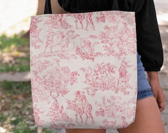 Pink Toile Print Tote Bag, Toile Tote Shoulder Bag, Toile Print Classic School Work Bags, Large Grocery Garden Market or Library Bag Gift