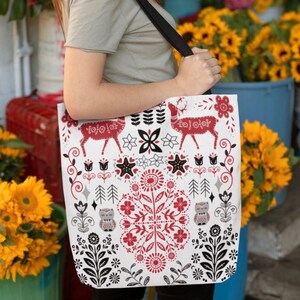 Scandinavian Floral Fauna Christmas Tote Bag, Scandinavian Folk Art Winter Gift, Holiday Merry Christmas Shoulder Tote, Large Grocery Bag