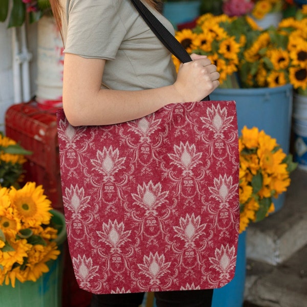 Red Toile Print Tote, Rouge Antique Toile Tote Shoulder Bag, Toile Classic School Work Bags, Large Grocery Garden Market or Library Bag Gift