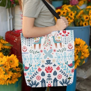 Scandinavian Floral Christmas Tote Bag, Scandinavian Folk Art Winter Gift, Holiday Merry Christmas Shoulder Tote, Large Grocery Bag Gift Her