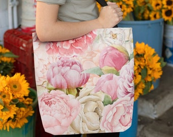 Blush Pink Peony Tote Bag: Botanical Floral Print Shoulder Bag
