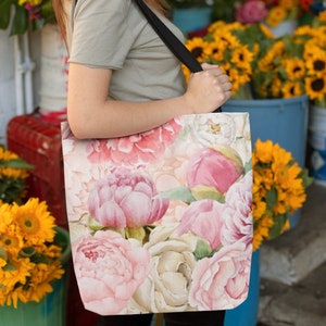 Botanical Print Blush Pink Peony Tote Bag, Flower Tote Shoulder Bag, Floral Print Cute Bag for School Work, Large Grocery Garden Bag Gift