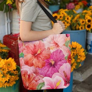 Botanical Print Pink Red Hibiscus Tote Bag, Flower Tote Shoulder Bag, Floral Print Cute Bag for School Work, Large Grocery Garden Bag Gift