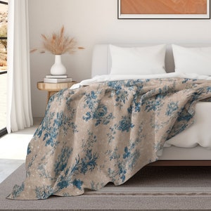 Blue Toile Print Throw Blanket, Velveteen Plush Minky, Cottagecore Decor, Toile De Jouy Gift, French Country Bedding, Womens Bedroom Decor