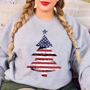 Patriotic Holiday Tree Sweatshirt, Rustic Flag Christmas Sweater, Trendy Winter Sweatshirt for Her, Cozy Festive Tee Gift Unique Holiday Top