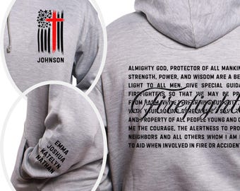 Personalized Firefighter Sweatshirt, Firefighter Prayer Hoodie, Thin Red Line Flag Shirt, Custom Fire Dept Gift, First Responder Apparel Tee