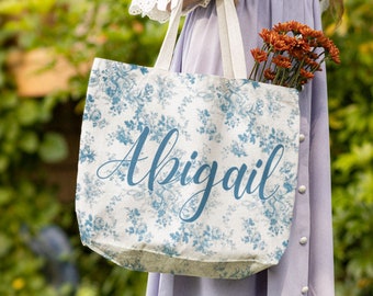 Personalized Blue Toile Print Tote Bag: Custom Classic Gift