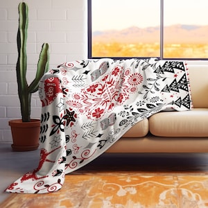 Scandinavian Floral Fauna Christmas Sherpa Fleece Blanket, Scandinavian Folk Art Winter Gift, Holiday Sofa Throw Blankets, Cozy Soft Snuggly