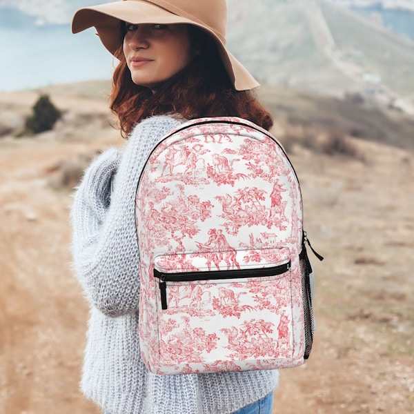 Pink & White Toile de Jouy Backpack Laptop School Bookbag for Her Travel Cute Girl Weekend Bag Women Student Backpack Library School Kid Bag