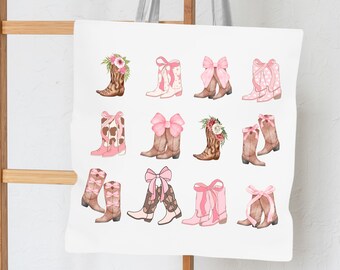 Pink Cowgirl Boots & Bows Tote Bag: Western Style Canvas Shopper