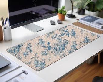 Cute Blue Toile Print Desk Mat, Floral Cottagecore Aesthetic Desk Computer Laptop Large Pad Nature Gift Home Office Accessory Her Boho Decor