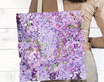 Purple Lilac Botanical Print Tote Bag: Floral Shoulder Bag