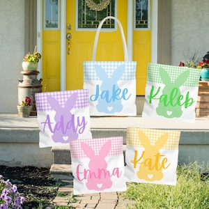 Personalized Kids Easter Bag, Easter Gift for Kids, Customized Easter Basket, Kid&#39;s Name Easter Tote Bag Cute Gingham Bunny Easter Egg Hunt