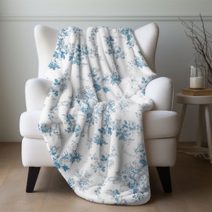 Blue & White Toile Print Throw Blanket Velveteen Plush Minky Cottagecore Decor Toile De Jouy Gift French Country Bedding Women Bedroom Decor