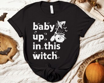 Funny Halloween Pregnancy Announcement Shirt, "Baby Up in This Witch" Tee