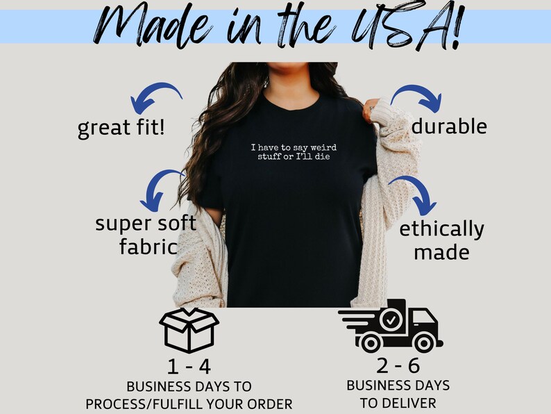 May include: Black t-shirt with the phrase "I have to say weird stuff or I'll die" in white. The shirt is advertised as durable, ethically made, and made in the USA. The fabric is described as super soft.