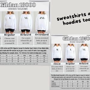 May include: White crewneck and hooded sweatshirts in various sizes, from M to 2XL, with size charts. The image includes the text "sweatshirts and hoodies too!" and details about the Gildan 18000 and 18500 models.