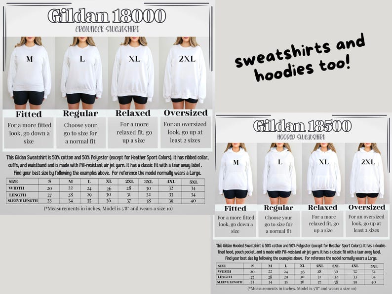 May include: White crewneck and hooded sweatshirts in various sizes, from M to 2XL, with size charts. The image includes the text "sweatshirts and hoodies too!" and details about the Gildan 18000 and 18500 models.