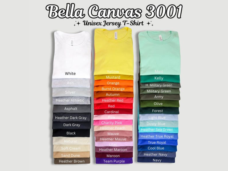 May include: A display of Bella Canvas 3001 Unisex Jersey T-shirts in various colors, including white, yellow, and mint. Color options are listed below each shirt, such as Ash, Mustard, and Kelly. The image showcases a range of hues.