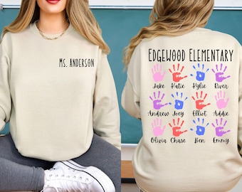 Sweat-shirt enseignant personnalisé avec noms d'élèves : sweat-shirt personnalisé avec empreinte de main pour la classe, t-shirt cadeau de remerciement pour l'école