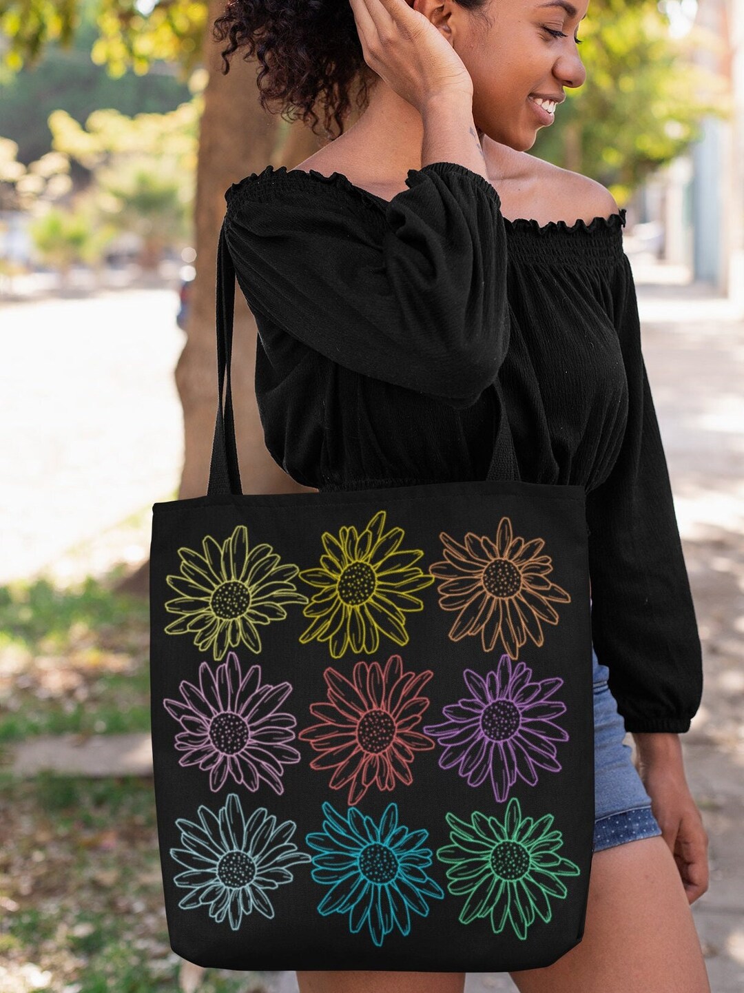 Colorful Yellow Daisies Tote Bag, Cute Daisies Art Print Bag, Daisy