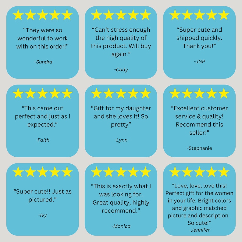 Puede incluir: Nueve rese&ntilde;as de clientes con cinco estrellas para un producto. Cada rese&ntilde;a incluye una cita del cliente y su nombre. Las rese&ntilde;as se muestran en un fondo azul con estrellas amarillas.