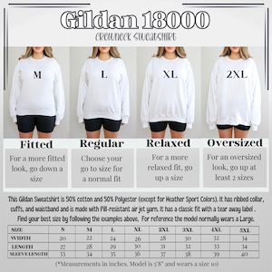 May include: A size chart for Gildan 18000 crewneck sweatshirts, showing different sizes and fits, including fitted, regular, relaxed, and oversized. The chart includes measurements in inches for width, length, and sleeve length.