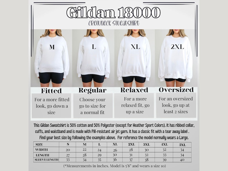 May include: A size chart for Gildan 18000 crewneck sweatshirts, showing different sizes and fits, including fitted, regular, relaxed, and oversized. The chart includes measurements in inches for width, length, and sleeve length.
