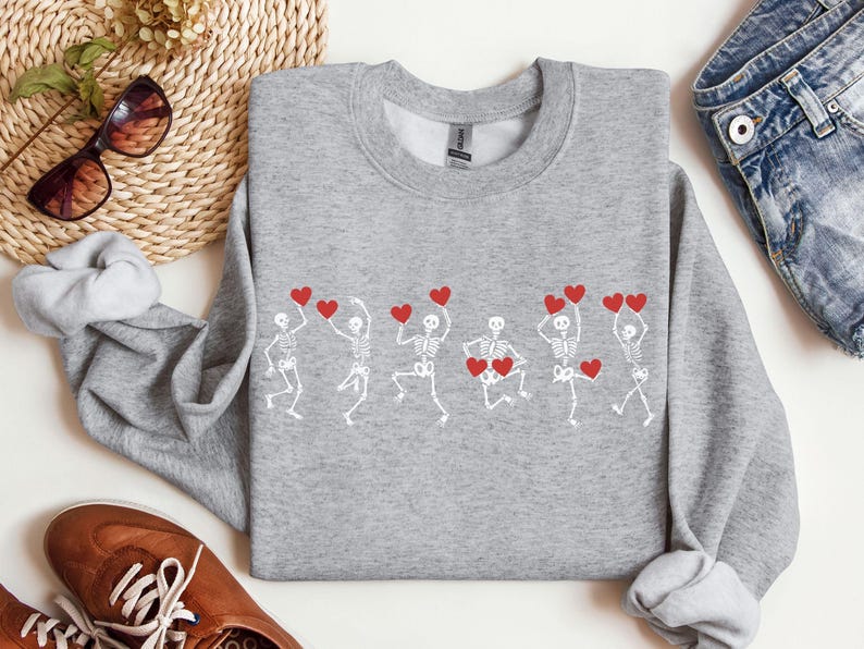 Sweat squelette Saint-Valentin, chemise coeurs squelettes dansants, t-shirt drôle de Saint-Valentin, cadeau d'amour mignon pour les vacances, ras du cou pour femme, tendance Sport Grey