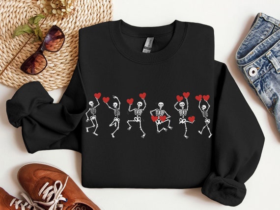 Valentine Skeleton Sweatshirt, Dancing Skeletons Hearts Shirt, Funny Valentine's Day Tshirt Cute Love Holiday Crewneck Trendy Women’s Gift T