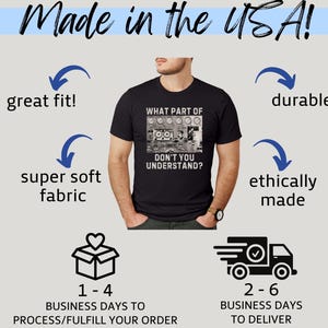 May include: A black t-shirt with a white graphic that says "What part of don't you understand?" The graphic is a black and white image of a cassette tape player. The shirt is made in the USA and is ethically made. It is super soft and has a great fit. The shirt is shown on a model.