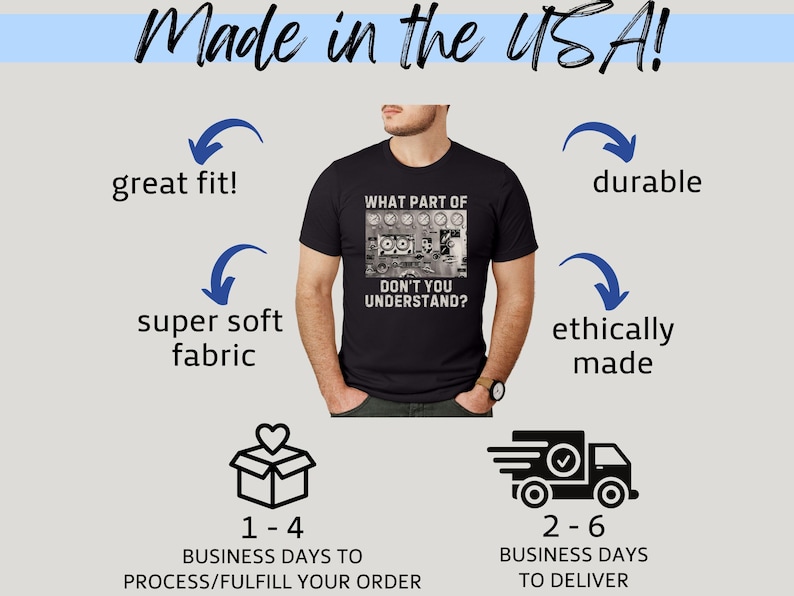 May include: A black t-shirt with a white graphic that says "What part of don't you understand?" The graphic is a black and white image of a cassette tape player. The shirt is made in the USA and is ethically made. It is super soft and has a great fit. The shirt is shown on a model.