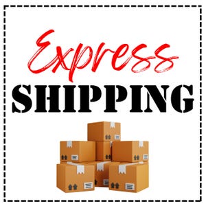 Puede incluir: Texto "Express Shipping" en rojo con una pila de cajas de cartón marrones.