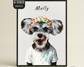 Könnte beinhalten: Ein Aquarellbild eines kleinen Hundes, der ein buntes gepunktetes Stirnband und ein weißes T-Shirt trägt. Der Hund ist ein Zwergschnauzer mit einem schwarz-grauen Fell. Der Name des Hundes ist "Molly" und steht in schwarzer Schrift oben im Bild.