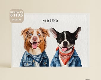 Könnte beinhalten: Digitales Porträt von zwei Hunden, einem braun-weißen und einem schwarz-weißen, beide in Jeansjacken und Bandanas. Der Text "Molly & Rocky" steht über den Hunden. Das Bild enthält auch den Text "READY IN 6 HRS DIGITAL".