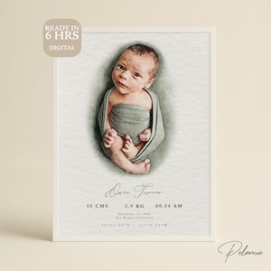 Ritratto personalizzato con le statistiche di nascita del bambino - Arte personalizzata con il nome del neonato, ricordo del bambino ad acquerello, decorazione da parete stampabile per la cameretta, ritratto del neonato