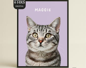 May include: A framed digital print featuring a close-up of a gray tabby cat with green eyes and a pink nose. The cat's name, "Maggie," is printed in white above the cat. The print is set against a lavender background. Text in the upper left corner reads "READY IN 6 HRS DIGITAL."